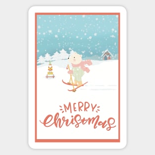 Skiing teddybear in the snow. Happy Santa sitting on the Christmas gifts.Merry Christmas. Sticker